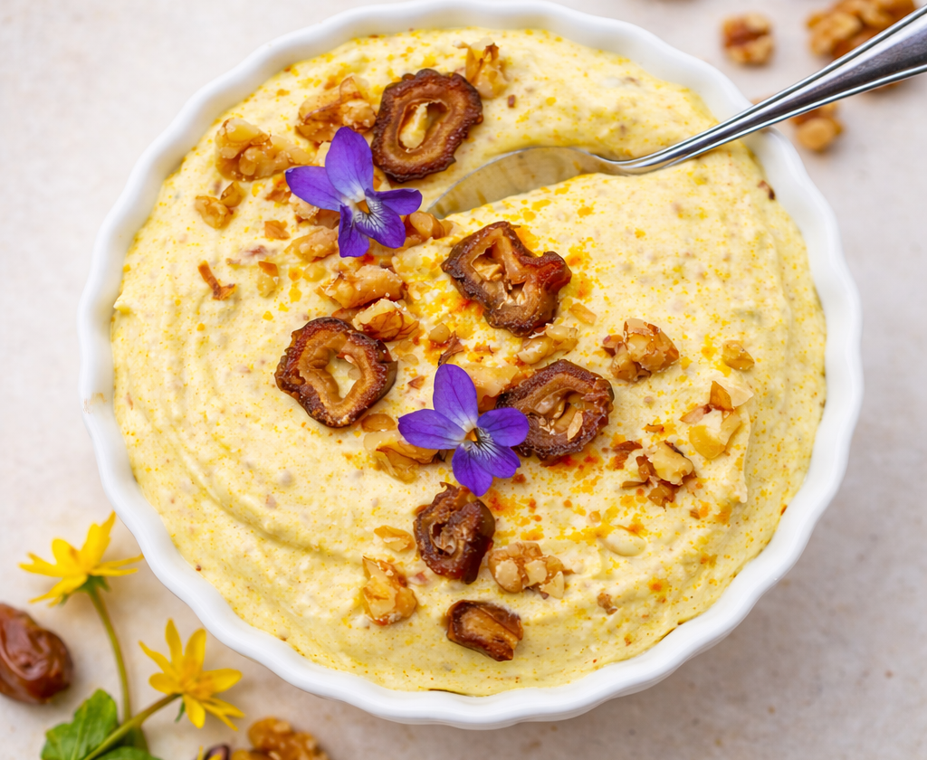 Ein cremiger Dattel-Curry-Topfen-Dip in einer weißen Schüssel, mit Walnüssen, Datteln, Blüten und einem Löffel.