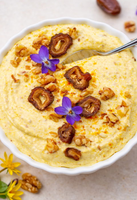 Ein cremiger Dattel-Curry-Topfen-Dip in einer weißen Schüssel, mit Walnüssen, Datteln, Blüten und einem Löffel.