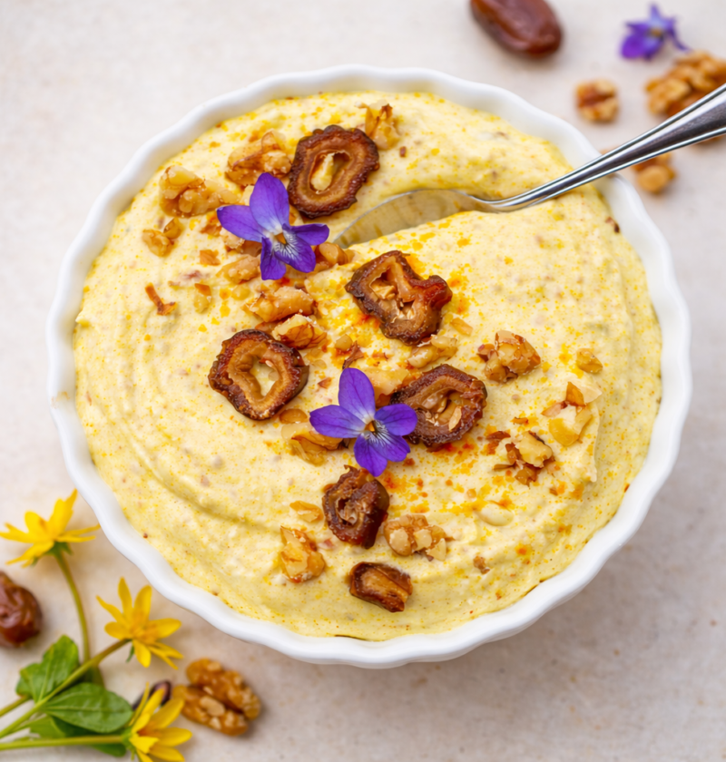 Ein cremiger Dattel-Curry-Topfen-Dip in einer weißen Schüssel, mit Walnüssen, Datteln, Blüten und einem Löffel.