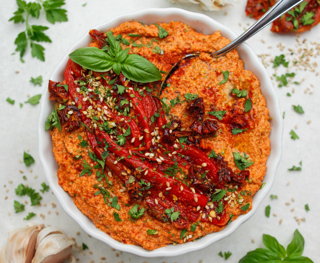 Cremiger Paprika-Tofu-Aufstrich in einer Schüssel mit gerösteter Paprika, getrockneten Tomaten, Sesam und frischen Kräutern