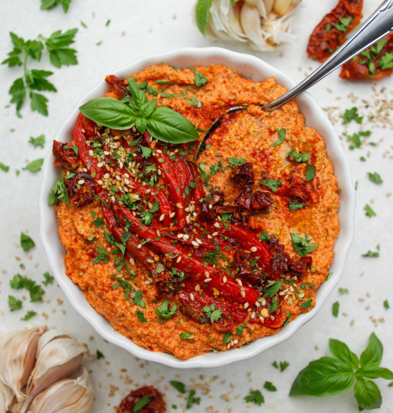 Cremiger Paprika-Tofu-Aufstrich in einer Schüssel mit gerösteter Paprika, getrockneten Tomaten, Sesam und frischen Kräutern