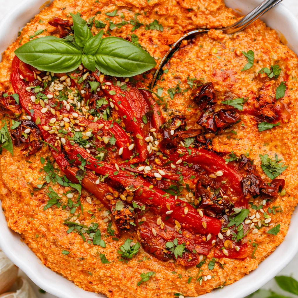 Nahaufnahme von cremigem Paprika-Tofu-Aufstrich mit gegrillter Paprika, Kräutern und Sesam