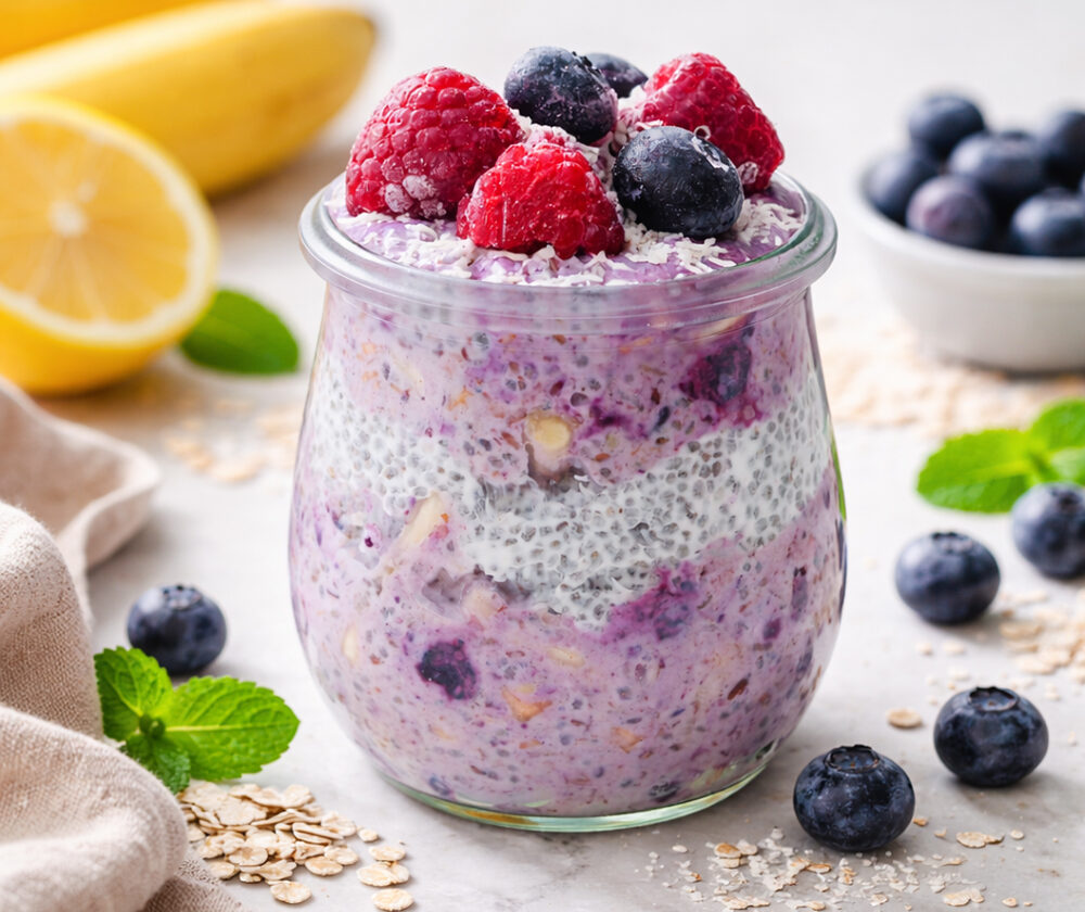 Cremiges Heidelbeer-Chia-Müsli im Glas, getoppt mit frischen Beeren und Haferflocken