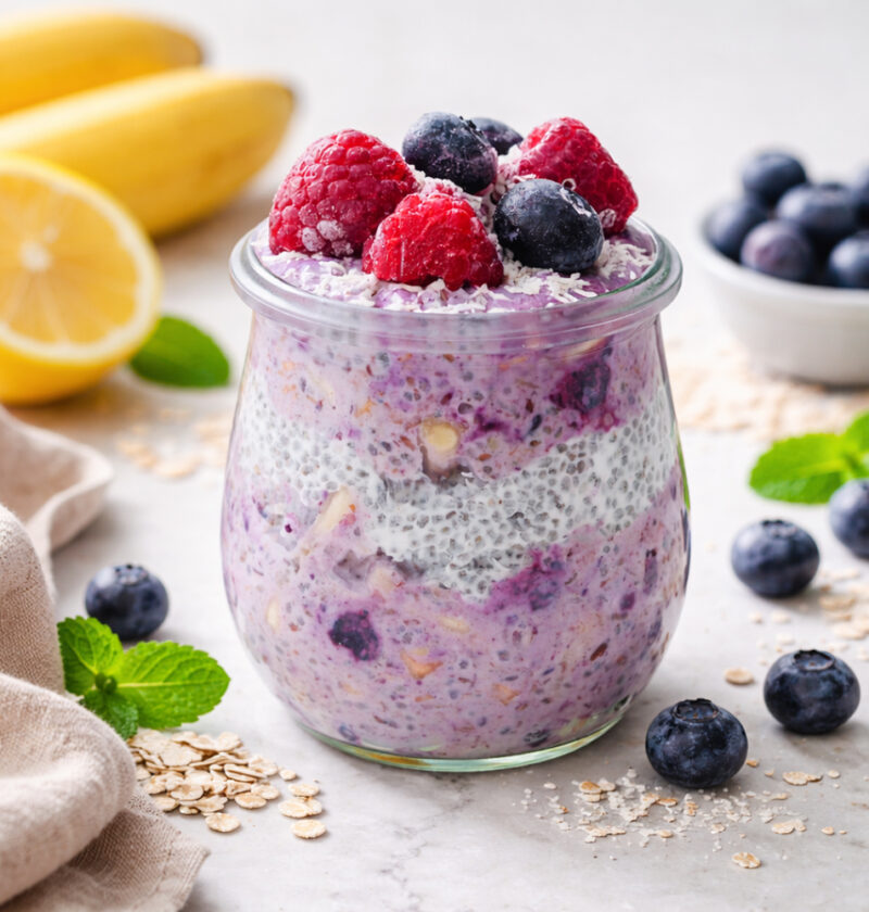 Cremiges Heidelbeer-Chia-Müsli im Glas, getoppt mit frischen Beeren und Haferflocken
