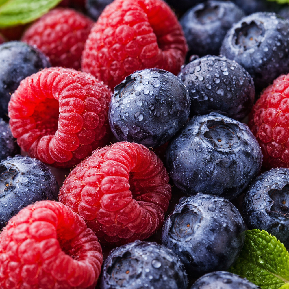 Nahaufnahme von frischen Heidelbeeren und Himbeeren mit feinen Wassertropfen